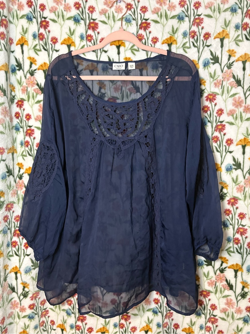 Cato Navy Crochet-Trim Sheer Boho Tunic